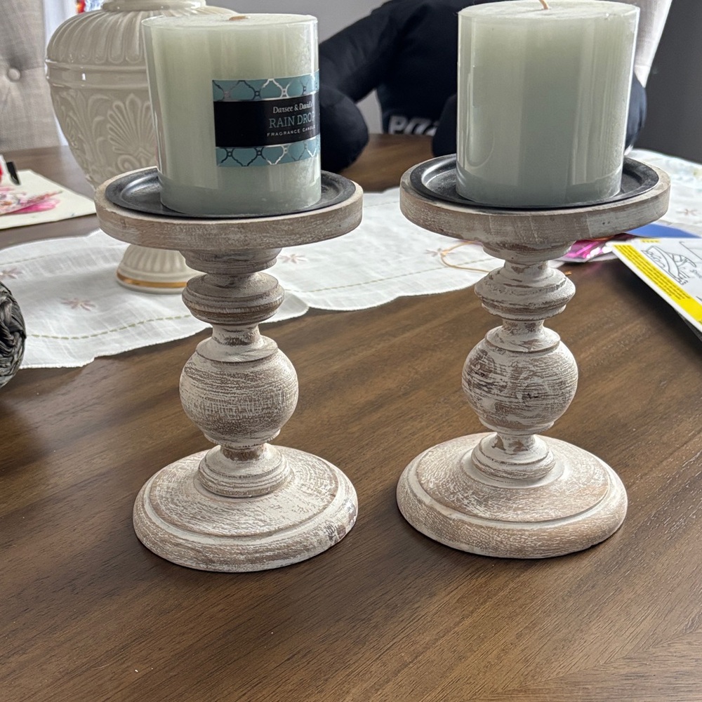 Rustic Whitewash Wooden Candle Holders - Set of 2